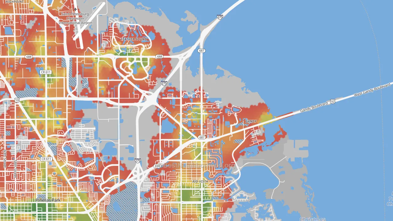 Walk Grade map of 33716, FL, walkable areas in green and car-dependent areas in red