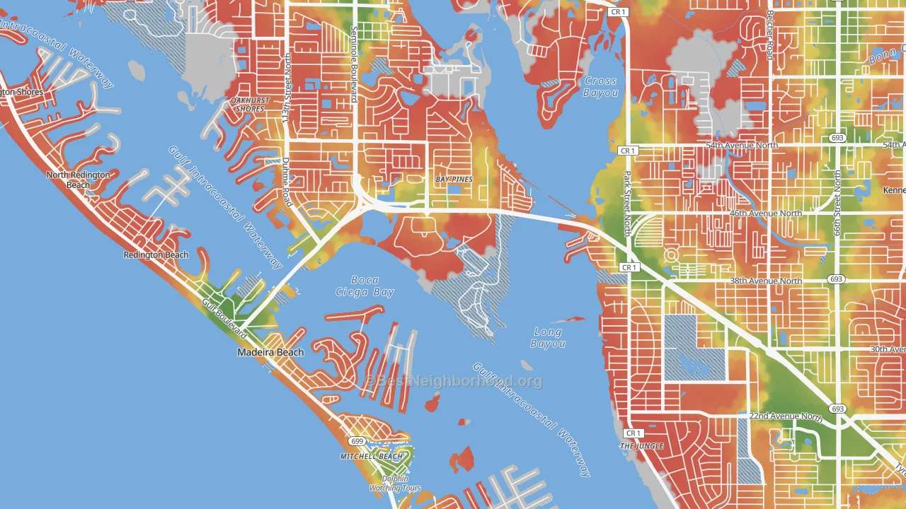 Walk Grade map of 33744, FL, walkable areas in green and car-dependent areas in red