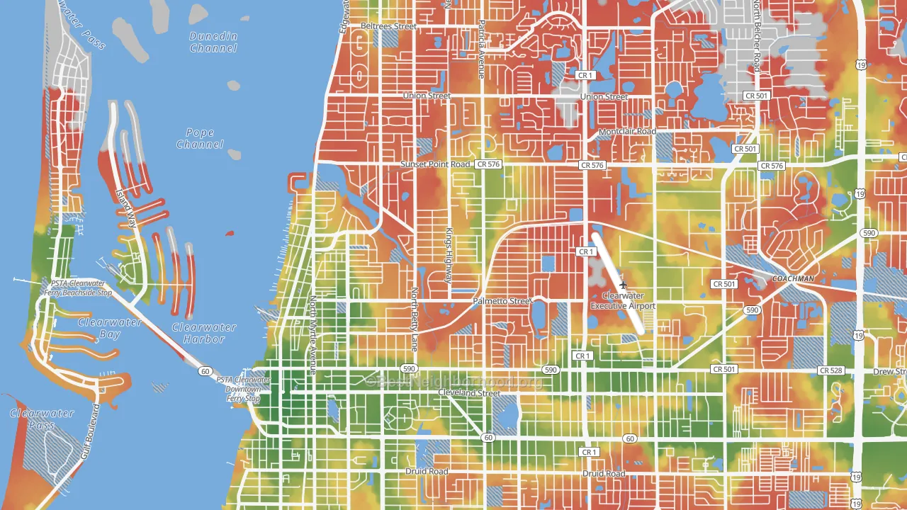 Walk Grade map of 33755, FL, walkable areas in green and car-dependent areas in red