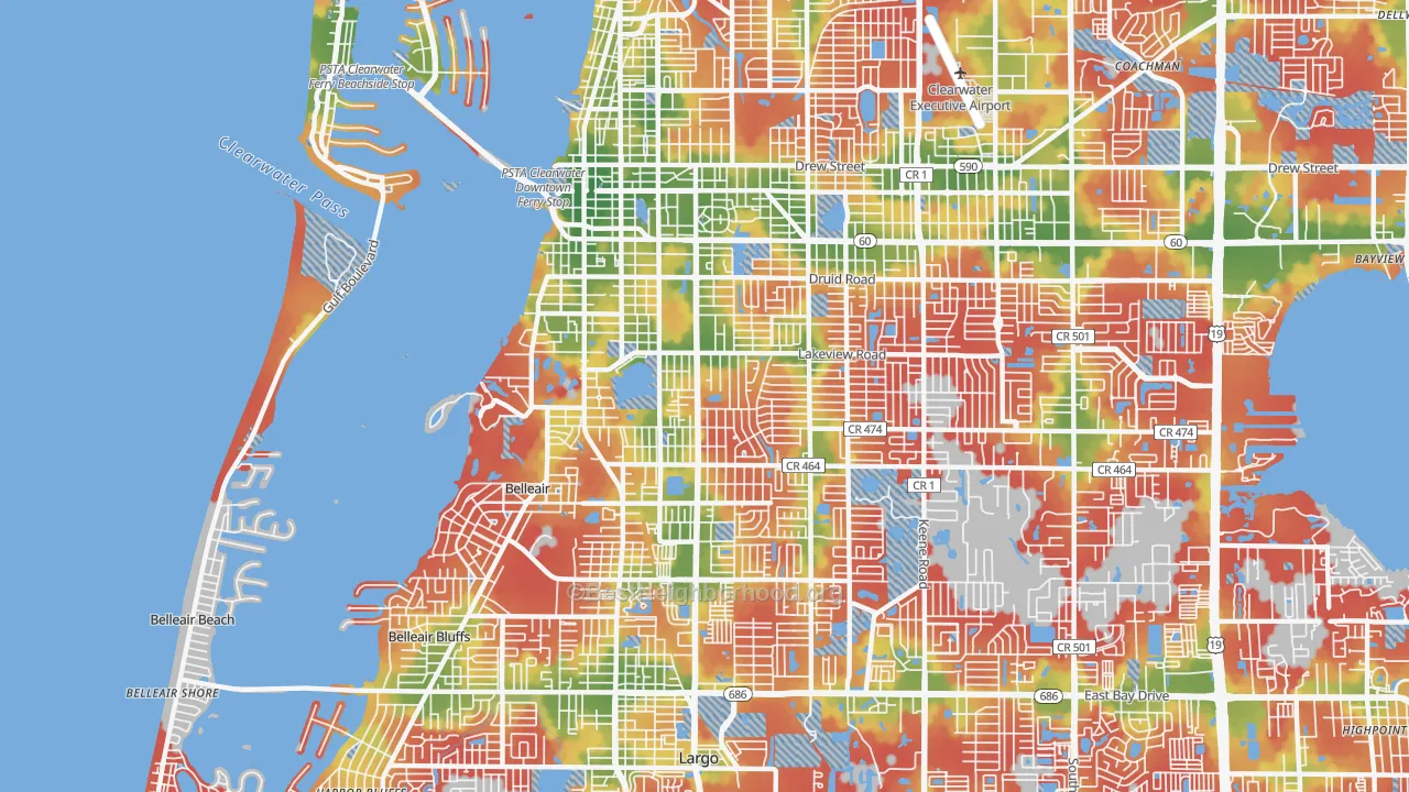 Walk Grade map of 33756, FL, walkable areas in green and car-dependent areas in red