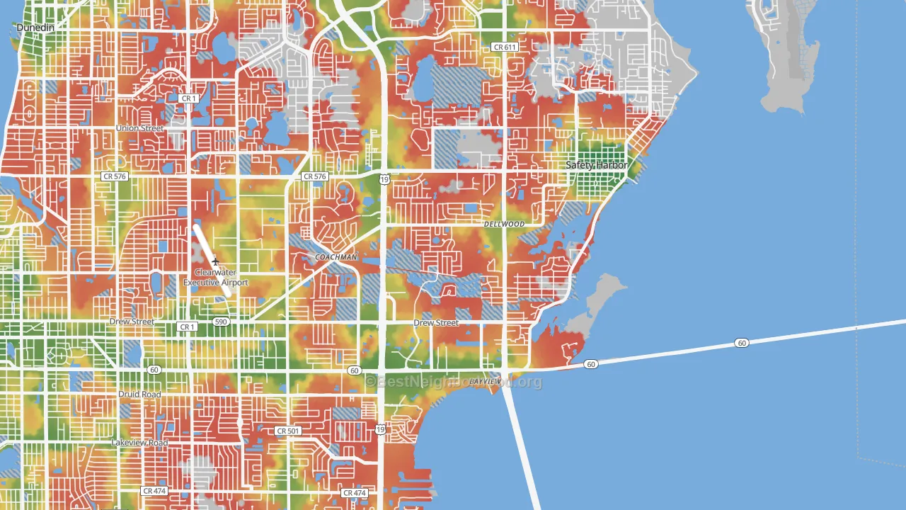 Walk Grade map of 33759, FL, walkable areas in green and car-dependent areas in red