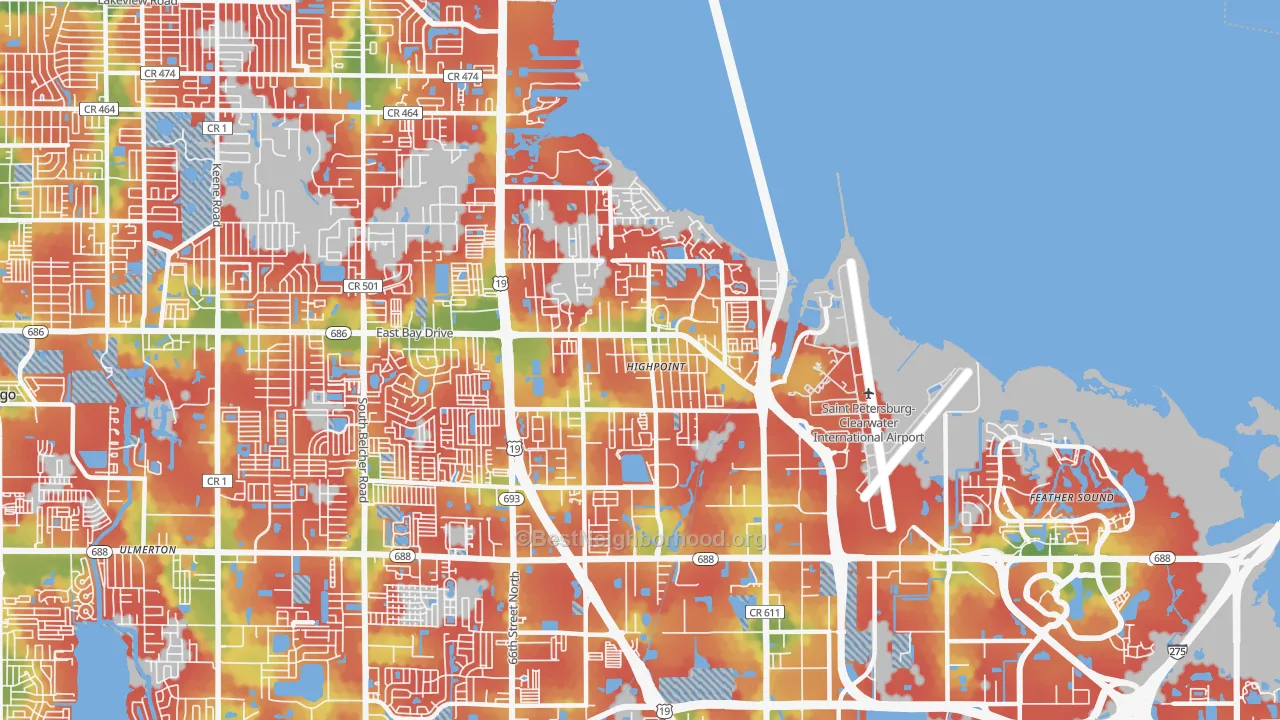 Walk Grade map of 33760, FL, walkable areas in green and car-dependent areas in red
