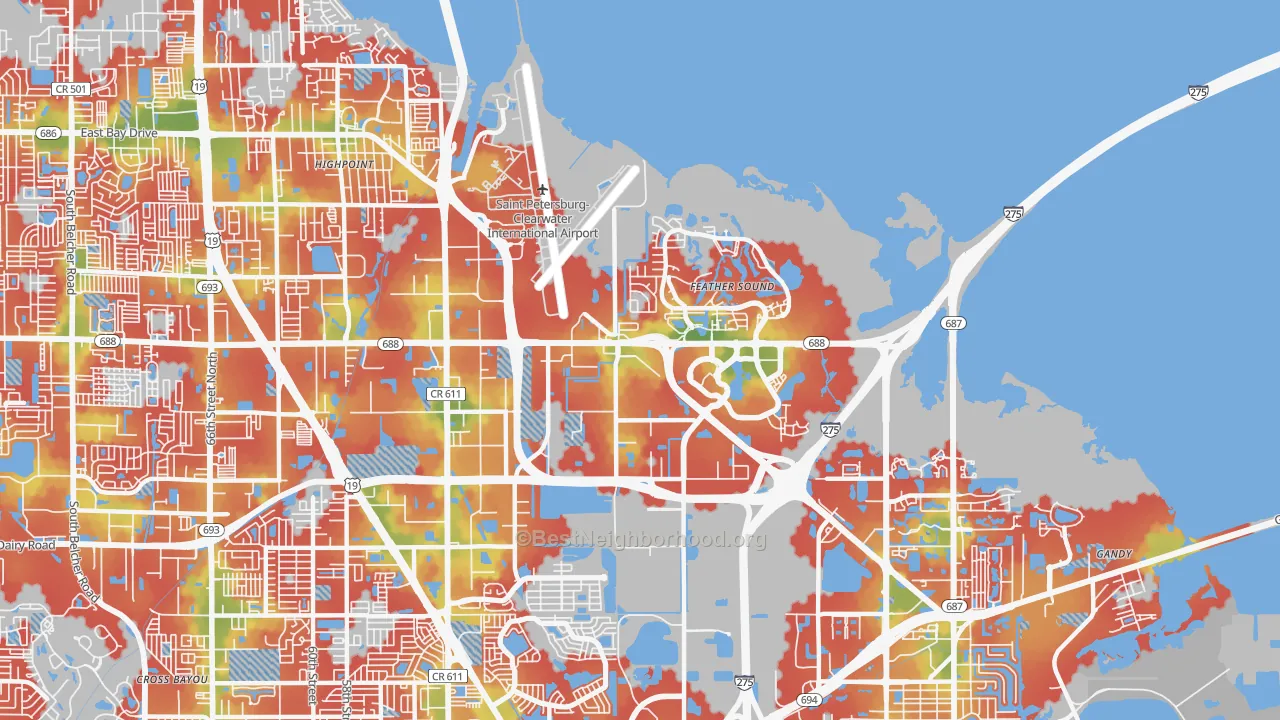 Walk Grade map of 33762, FL, walkable areas in green and car-dependent areas in red