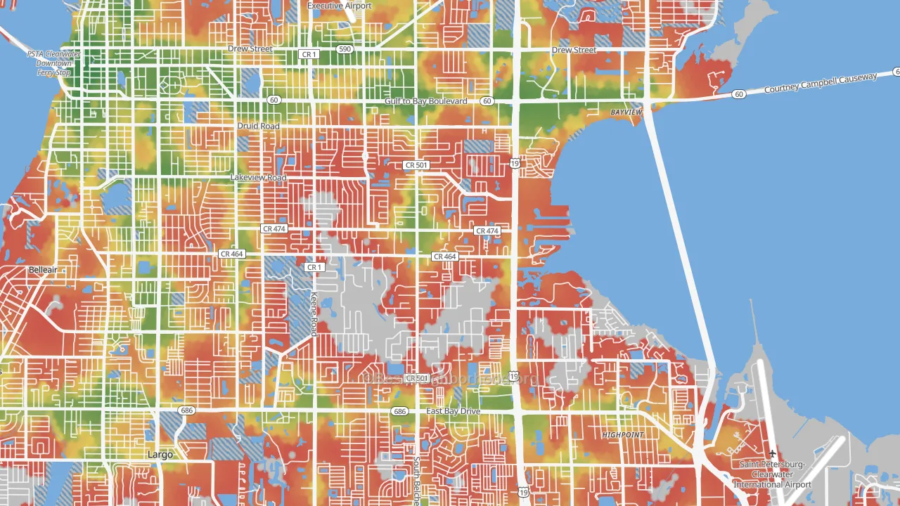 Walk Grade map of 33764, FL, walkable areas in green and car-dependent areas in red