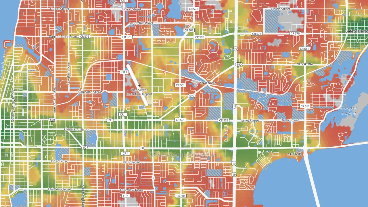 Walk Grade map of 33765, FL, walkable areas in green and car-dependent areas in red