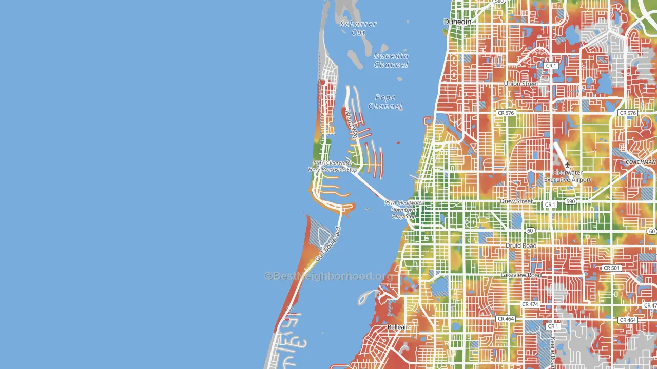 Walk Grade map of 33767, FL, walkable areas in green and car-dependent areas in red
