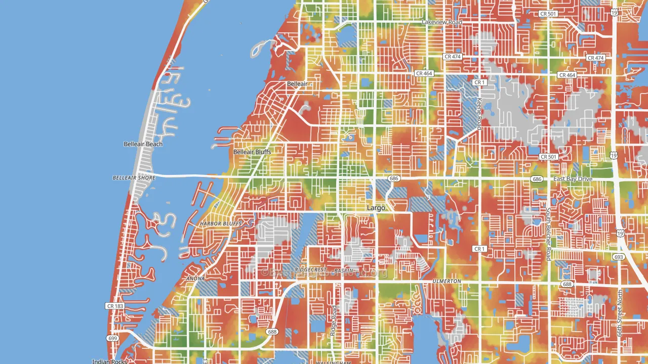 Walk Grade map of 33770, FL, walkable areas in green and car-dependent areas in red