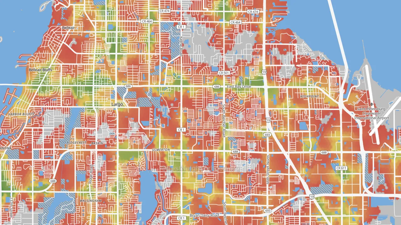 Walk Grade map of 33771, FL, walkable areas in green and car-dependent areas in red