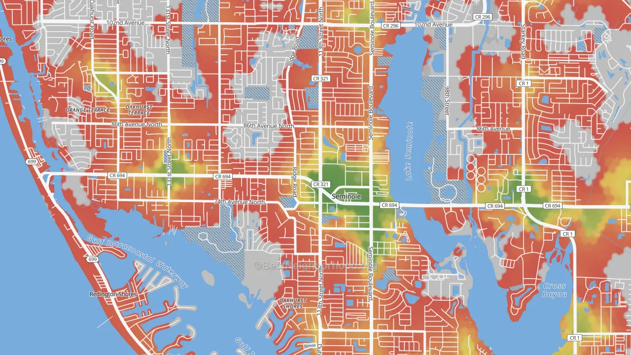 Walk Grade map of 33772, FL, walkable areas in green and car-dependent areas in red