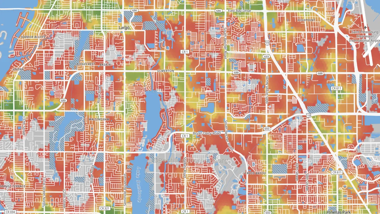Walk Grade map of 33773, FL, walkable areas in green and car-dependent areas in red