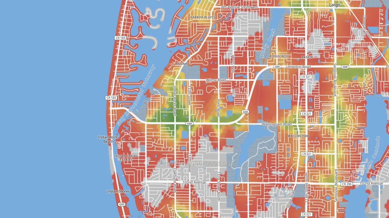 Walk Grade map of 33774, FL, walkable areas in green and car-dependent areas in red