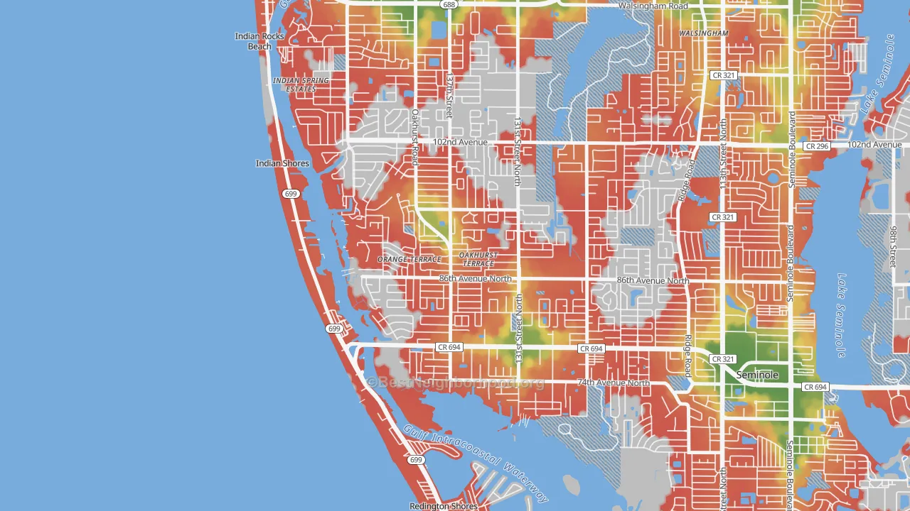 Walk Grade map of 33776, FL, walkable areas in green and car-dependent areas in red