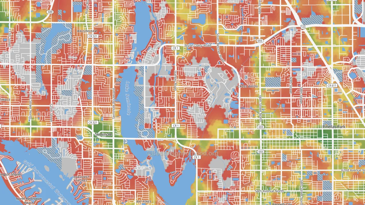 Walk Grade map of 33777, FL, walkable areas in green and car-dependent areas in red