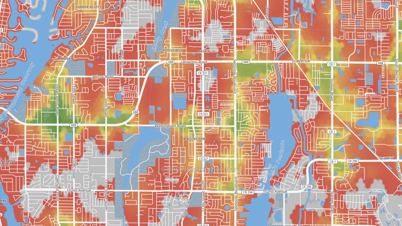 Walk Grade map of 33778, FL, walkable areas in green and car-dependent areas in red