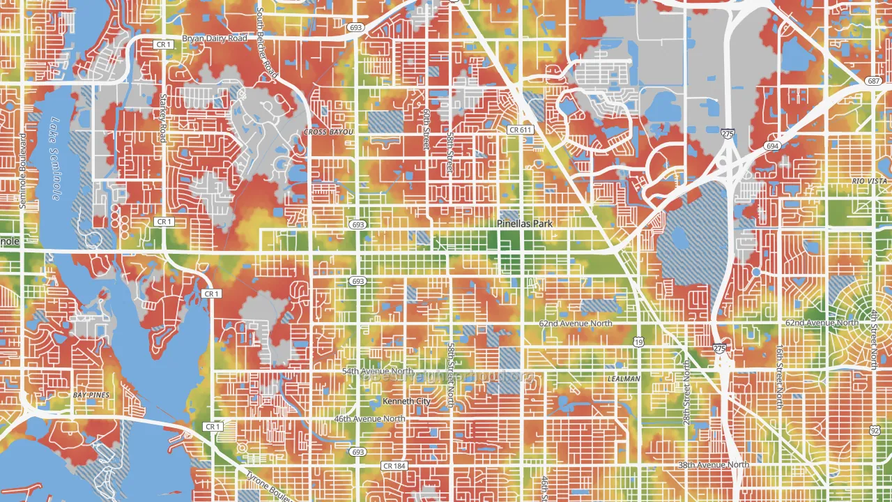 Walk Grade map of 33781, FL, walkable areas in green and car-dependent areas in red