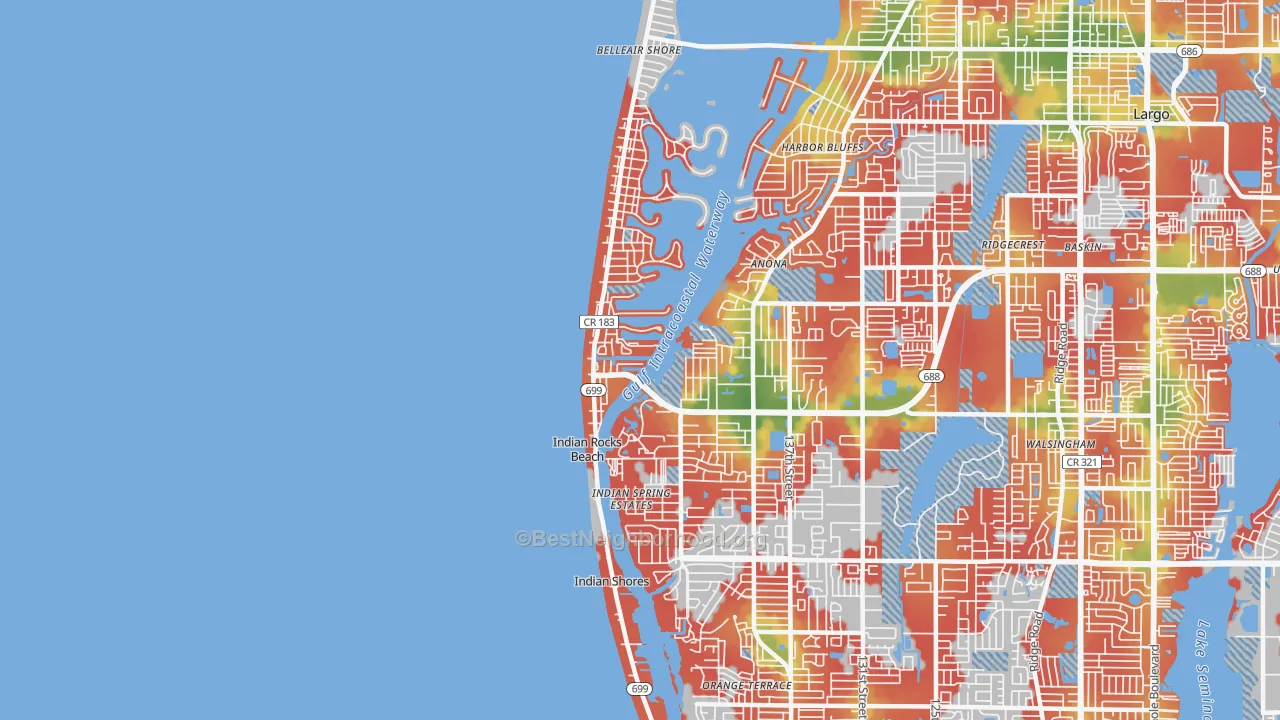 Walk Grade map of 33785, FL, walkable areas in green and car-dependent areas in red