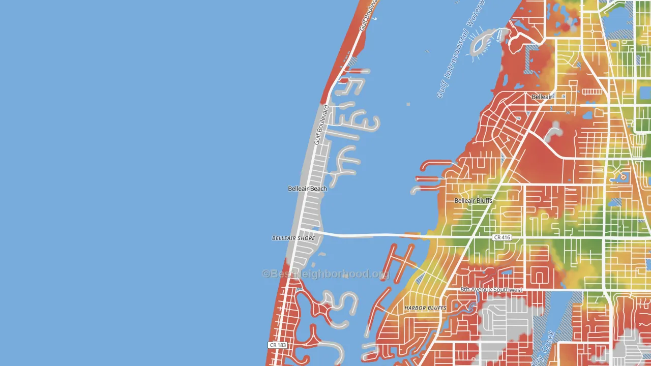 Walk Grade map of 33786, FL, walkable areas in green and car-dependent areas in red