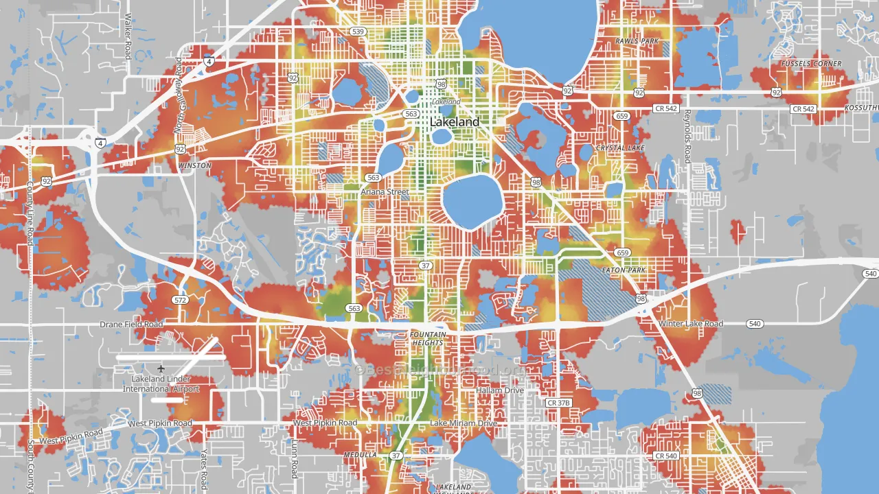 Walk Grade map of 33803, FL, walkable areas in green and car-dependent areas in red