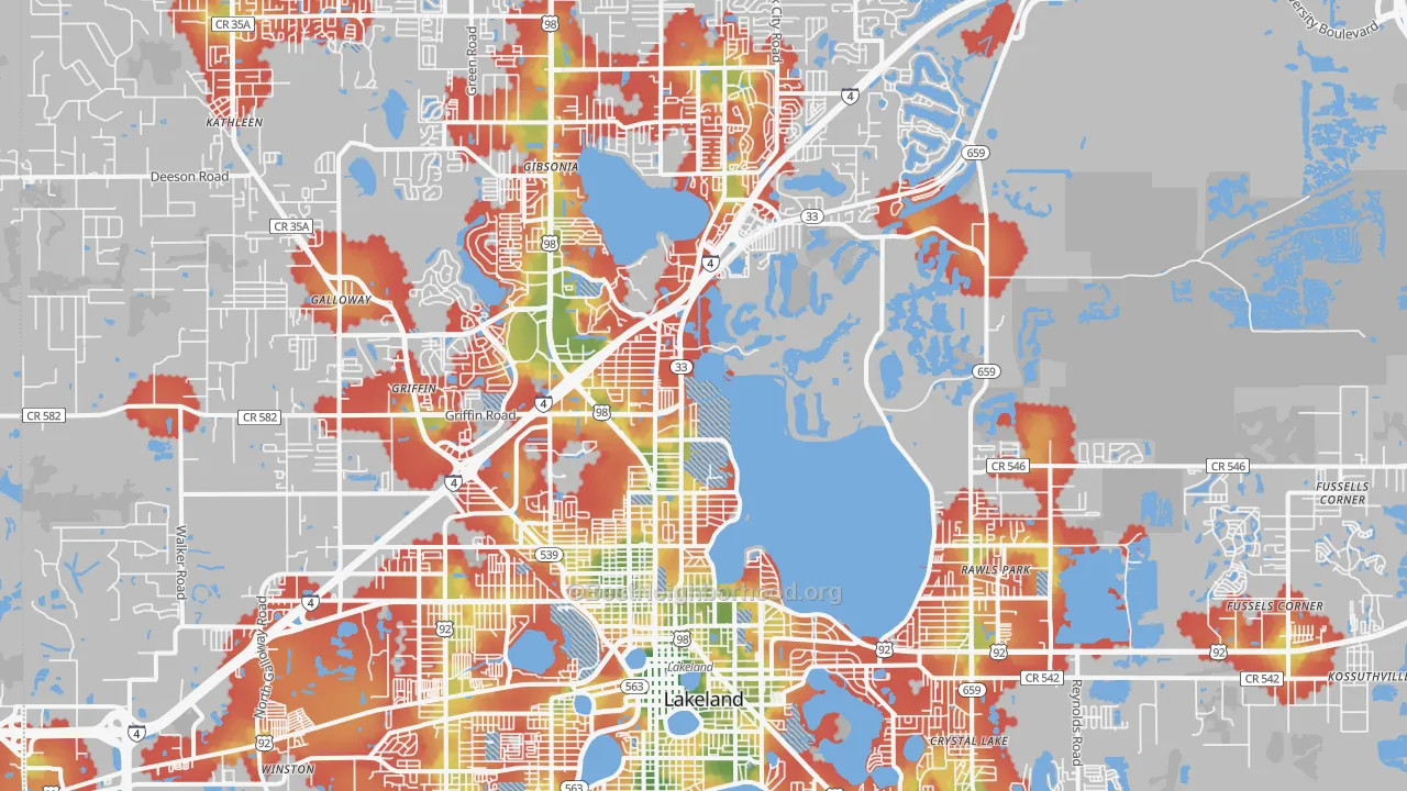 Walk Grade map of 33805, FL, walkable areas in green and car-dependent areas in red