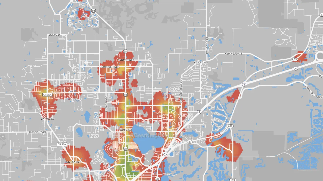 Walk Grade map of 33809, FL, walkable areas in green and car-dependent areas in red