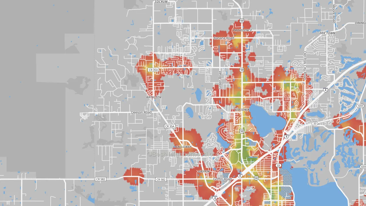 Walk Grade map of 33810, FL, walkable areas in green and car-dependent areas in red