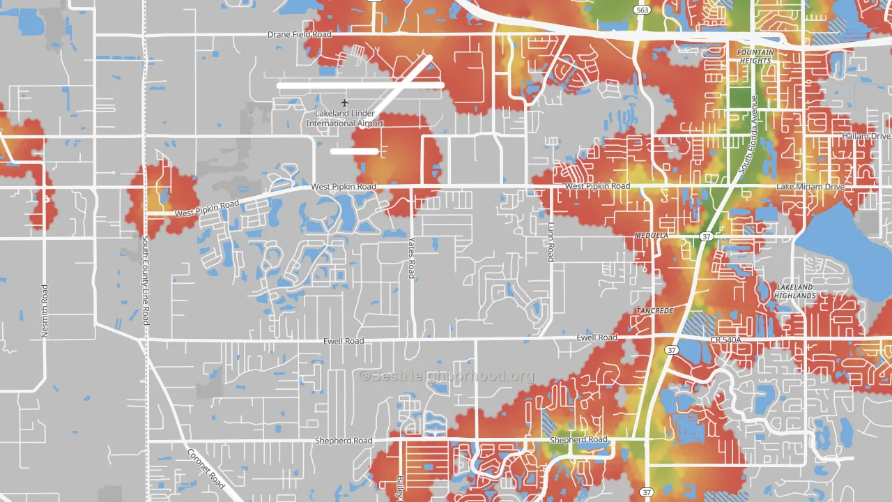 Walk Grade map of 33811, FL, walkable areas in green and car-dependent areas in red
