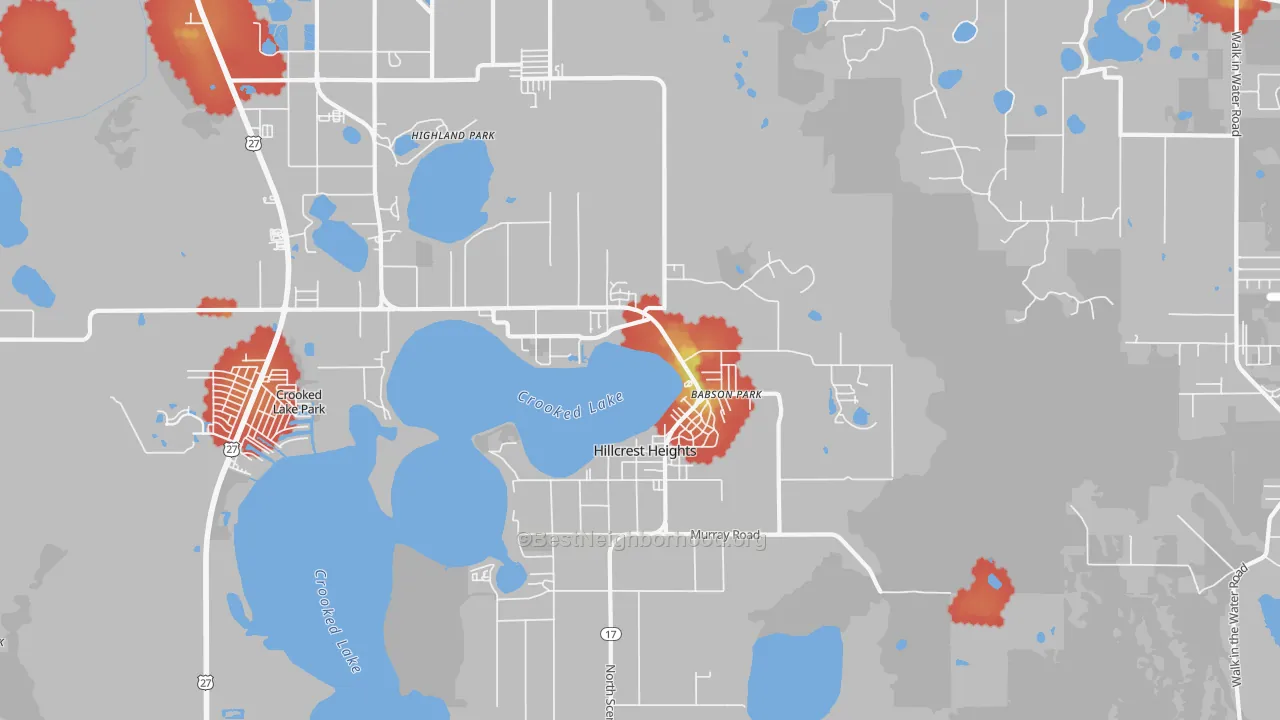 Walk Grade map of 33827, FL, walkable areas in green and car-dependent areas in red
