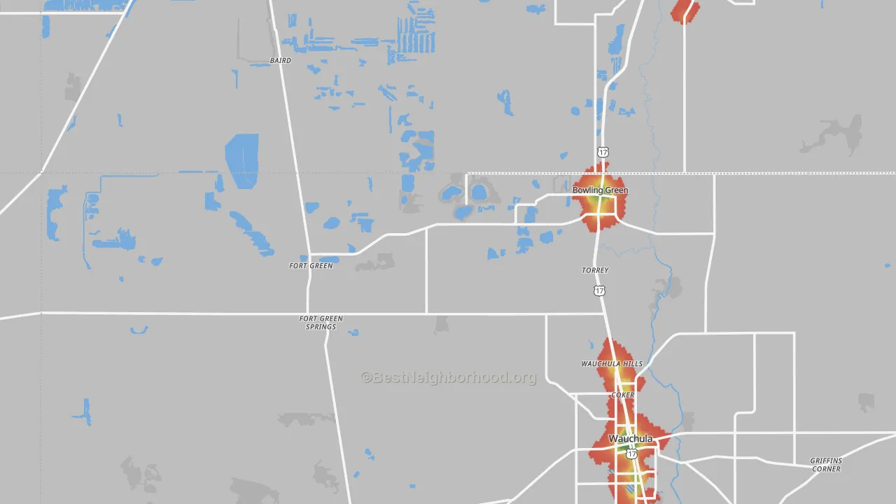 Walk Grade map of 33834, FL, walkable areas in green and car-dependent areas in red