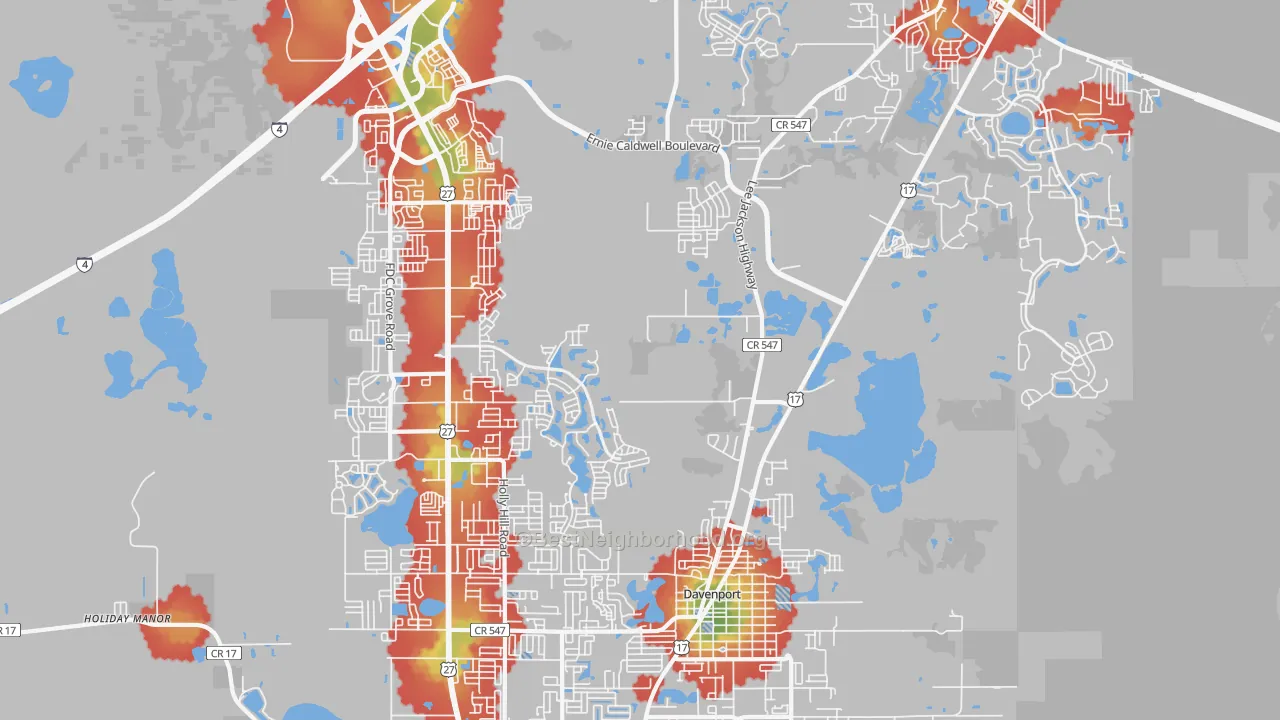 Walk Grade map of 33837, FL, walkable areas in green and car-dependent areas in red
