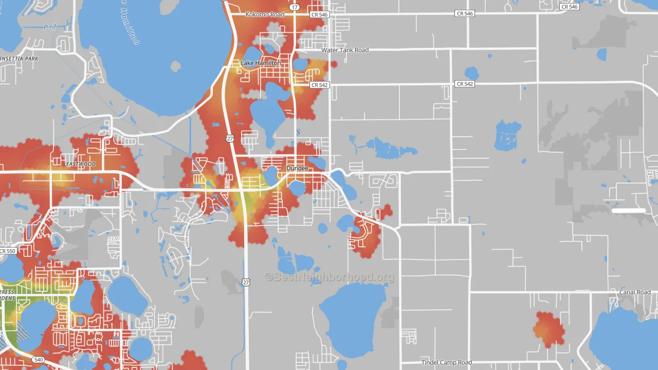 Walk Grade map of 33838, FL, walkable areas in green and car-dependent areas in red
