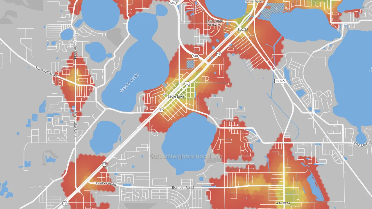 Walk Grade map of 33839, FL, walkable areas in green and car-dependent areas in red