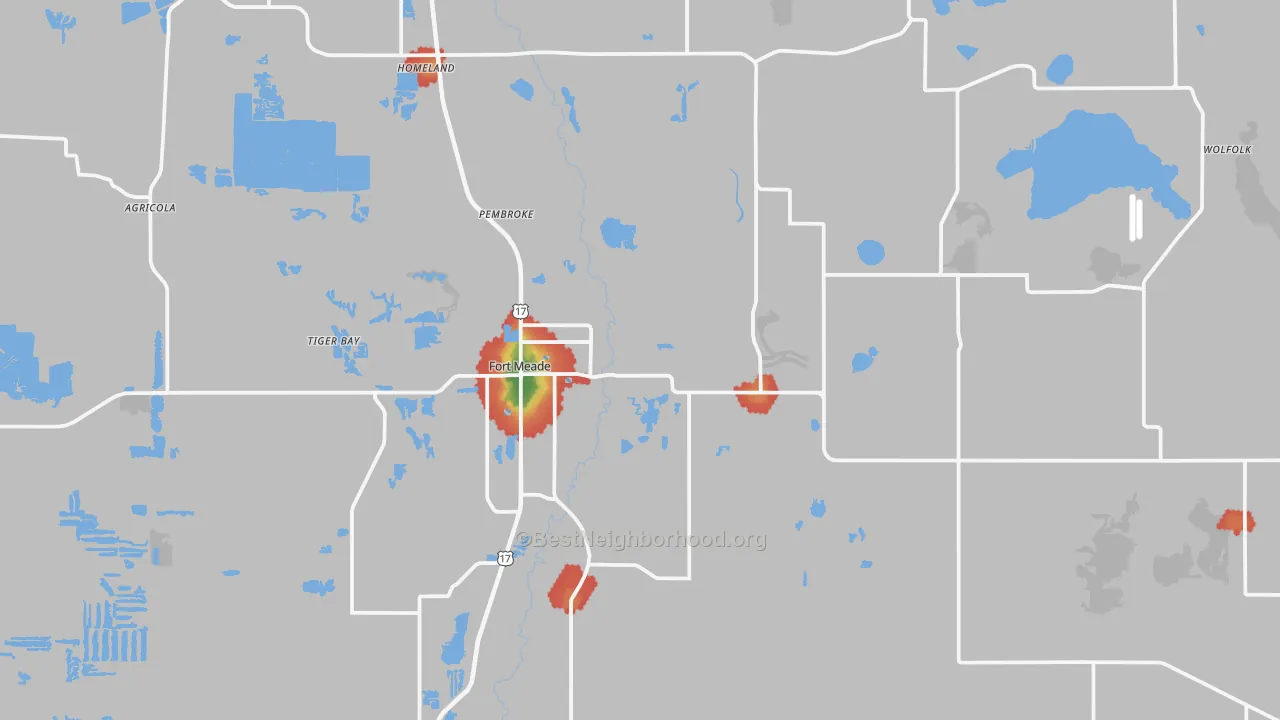 Walk Grade map of 33841, FL, walkable areas in green and car-dependent areas in red