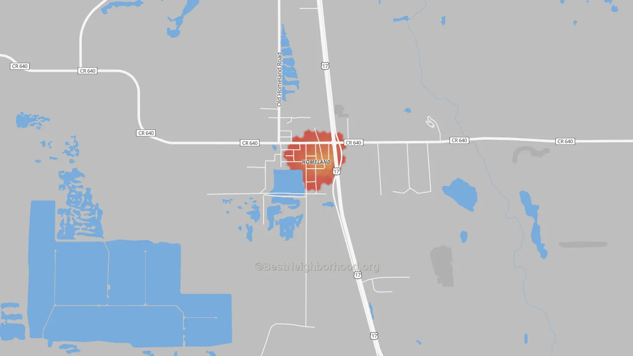 Walk Grade map of 33847, FL, walkable areas in green and car-dependent areas in red