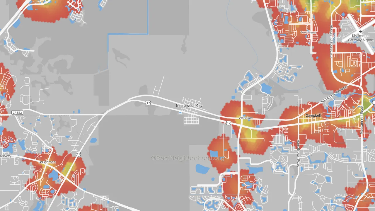 Walk Grade map of 33848, FL, walkable areas in green and car-dependent areas in red