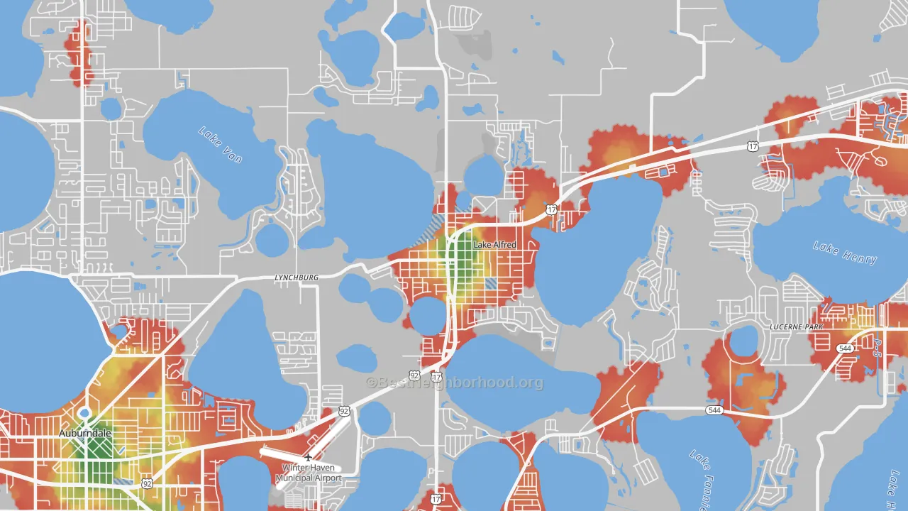 Walk Grade map of 33850, FL, walkable areas in green and car-dependent areas in red