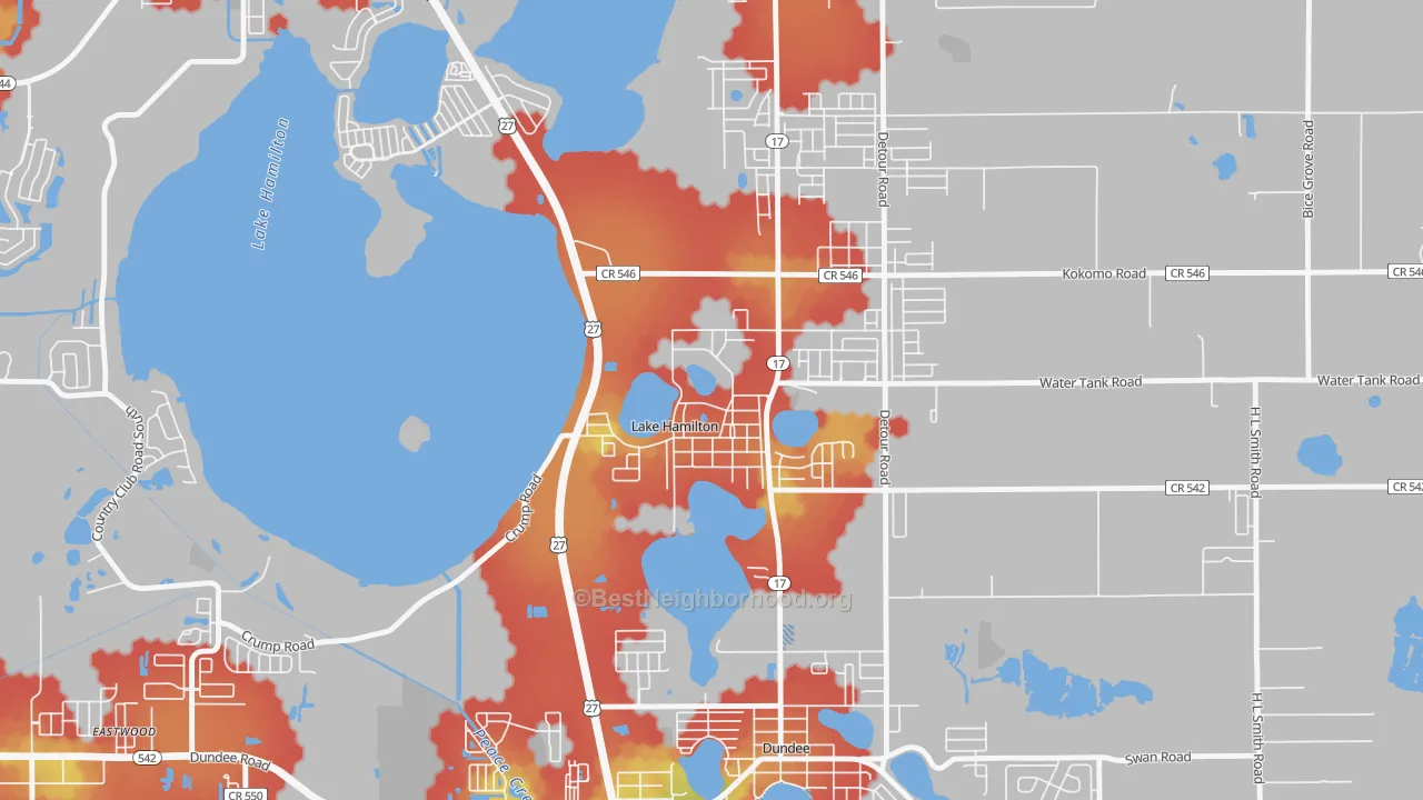 Walk Grade map of 33851, FL, walkable areas in green and car-dependent areas in red