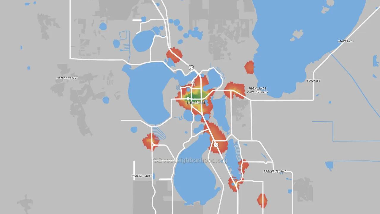 Walk Grade map of 33852, FL, walkable areas in green and car-dependent areas in red