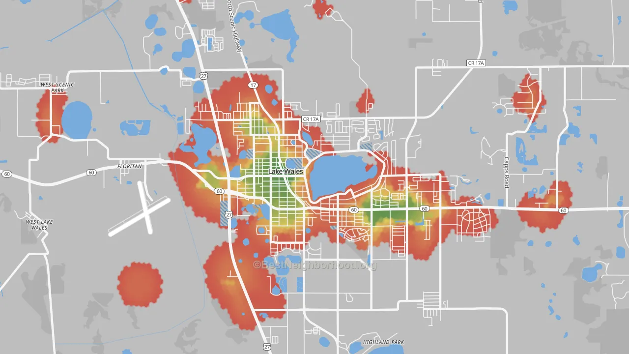 Walk Grade map of 33853, FL, walkable areas in green and car-dependent areas in red
