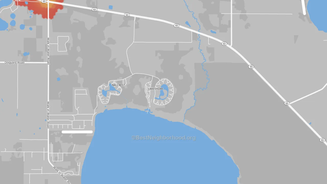 Walk Grade map of 33854, FL, walkable areas in green and car-dependent areas in red