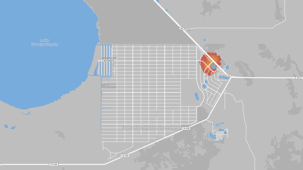 Walk Grade map of 33855, FL, walkable areas in green and car-dependent areas in red