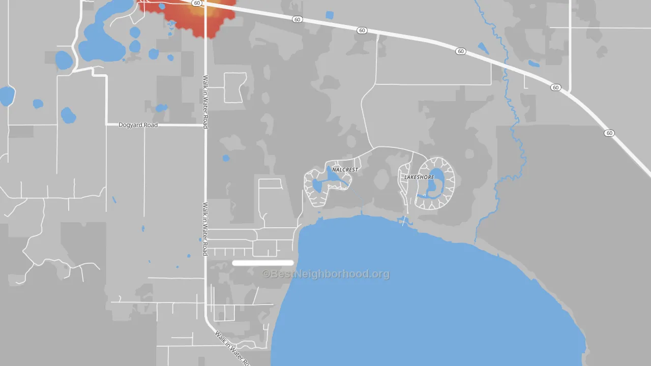 Walk Grade map of 33856, FL, walkable areas in green and car-dependent areas in red