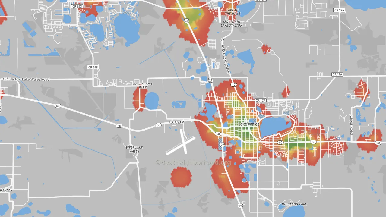 Walk Grade map of 33859, FL, walkable areas in green and car-dependent areas in red