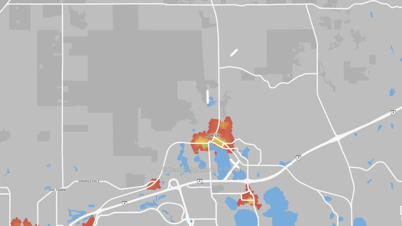 Walk Grade map of 33868, FL, walkable areas in green and car-dependent areas in red