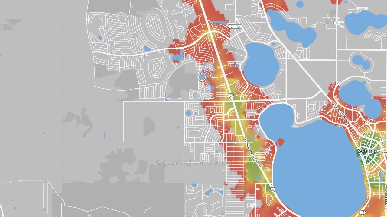 Walk Grade map of 33872, FL, walkable areas in green and car-dependent areas in red