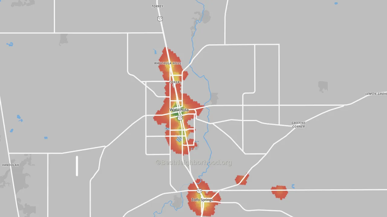 Walk Grade map of 33873, FL, walkable areas in green and car-dependent areas in red