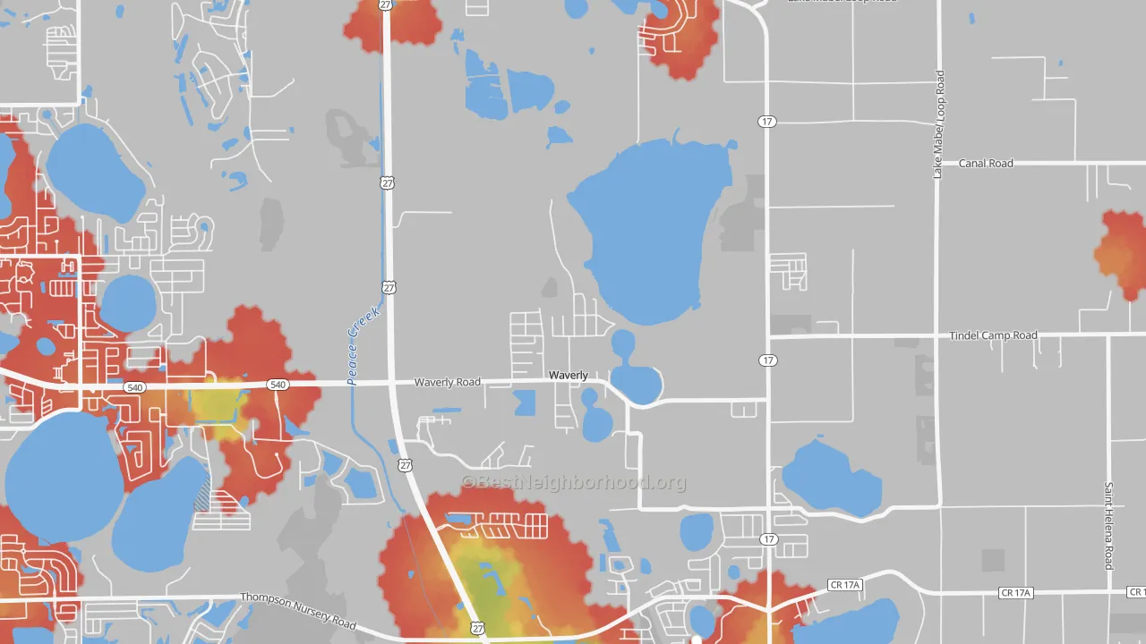 Walk Grade map of 33877, FL, walkable areas in green and car-dependent areas in red