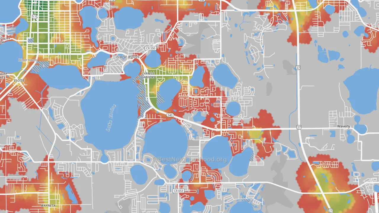Walk Grade map of 33884, FL, walkable areas in green and car-dependent areas in red
