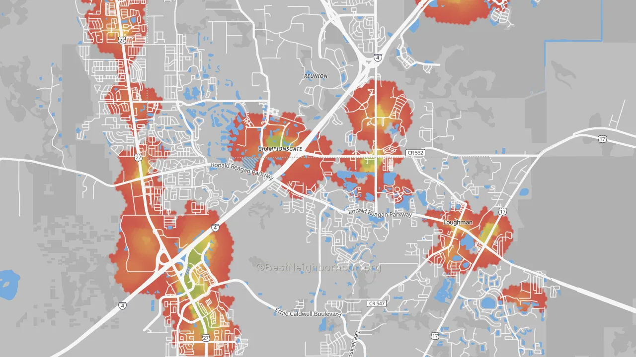 Walk Grade map of 33896, FL, walkable areas in green and car-dependent areas in red