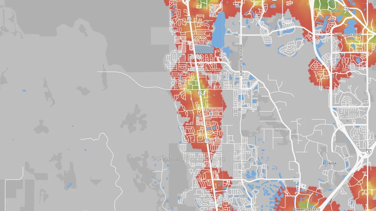 Walk Grade map of 33897, FL, walkable areas in green and car-dependent areas in red