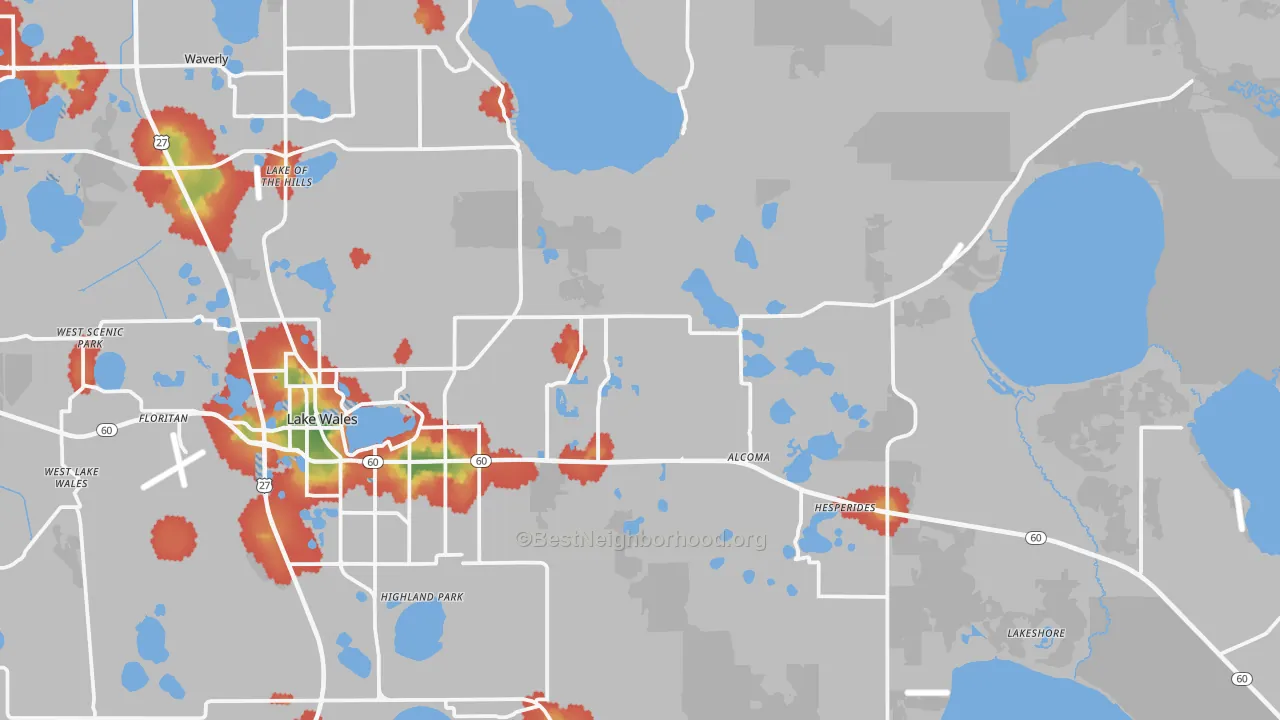 Walk Grade map of 33898, FL, walkable areas in green and car-dependent areas in red